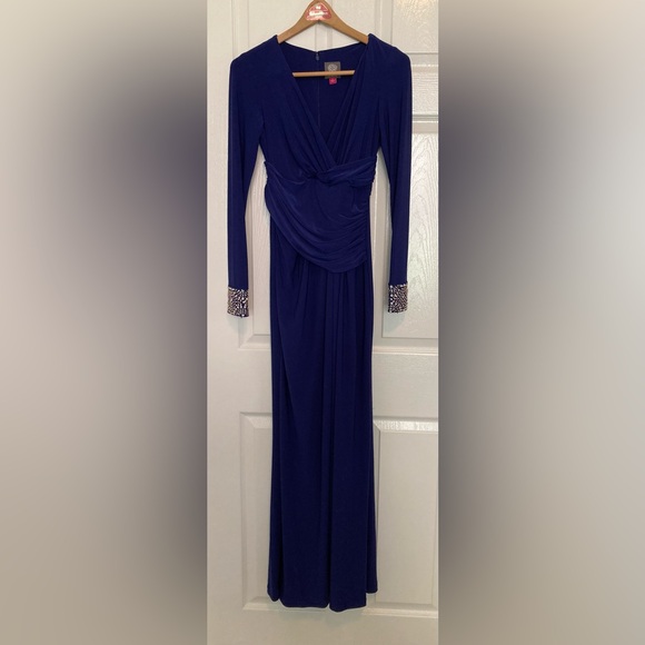 Vince Camuto Size 4 Long-Sleeve Embellished Faux-Wrap Gown in Royal Blue - Picture 3 of 13
